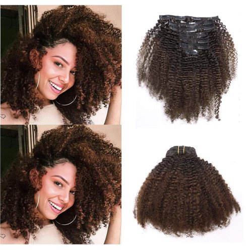 Anrosa Kinkys Curly Clip in Hair Extensions Human Hair 3C 4A Afro Kinky Curly Clip ins Natural Hair Real Remy Thick Human Hair Extensions for Black Women (18 inch, Ombre #1B/4)