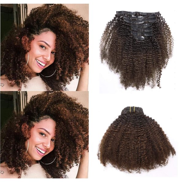 Anrosa Kinkys Curly Clip in Hair Extensions Human Hair 3C 4A Afro Kinky Curly Clip ins Natural Hair Real Remy Thick Human Hair Extensions for Black Women (18 inch, Ombre #1B/4)