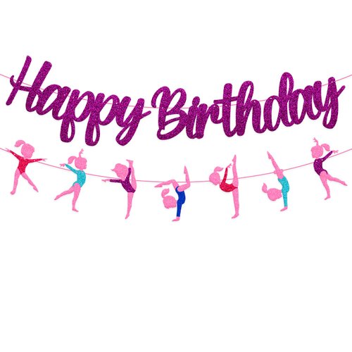 Gymnastics Birthday Banner Gymnast Theme Birthday Decoration Glitter Purple Happy Birthday Garland for Girl Gymnastics Bday Party Supplies