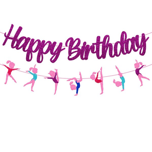 Gymnastics Birthday Banner Gymnast Theme Birthday Decoration Glitter Purple Happy Birthday Garland for Girl Gymnastics Bday Party Supplies
