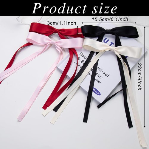 4 PCS Ribbon Hair Clips Bowknot With Long Tail,Bow Hair Clips,Hair Clips for Women with Bowknot Clips,Hair Bows for Women Ribbon for Hair Barrettes Bow clips(Black, Cream White, Pink, Wine Red)