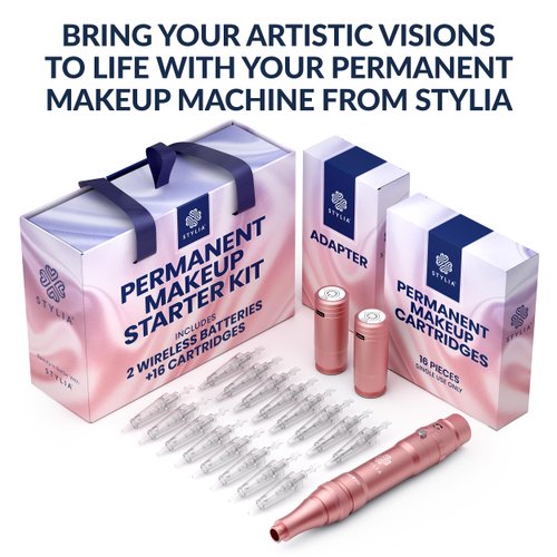 Stylia Permanent Makeup Machine Set – Wireless Machine Kit with 2 Rechargeable Lithium Batteries, Power Adaptor and 16 Cartridges – Microblading Supplies, Low-Noise, High-Speed Motor