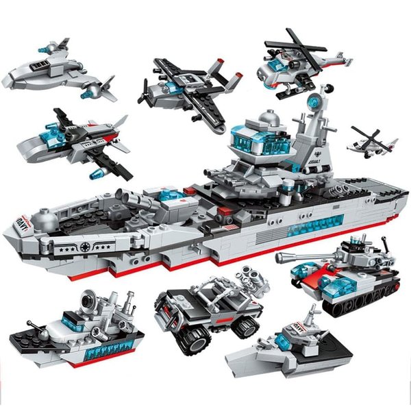 ENHANA 700 PCS Aircraft Carrier Building Blocks Set,8 in 1 Military Battleship Building Toy,17 Styles Army Vehicles Helicopter Airplane Warship Birthday Gifts for Boys