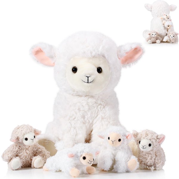 Lenwen 5 Pcs Lamb Stuffed Animal Set 14 Inch Mommy Lamb Plush with 4 Cute Babies in Her Zippered Tummy Soft Cuddly Nursery Sheep Plushie for Farm Birthday Easter Baby Shower Decor Gifts(Lovely Style)