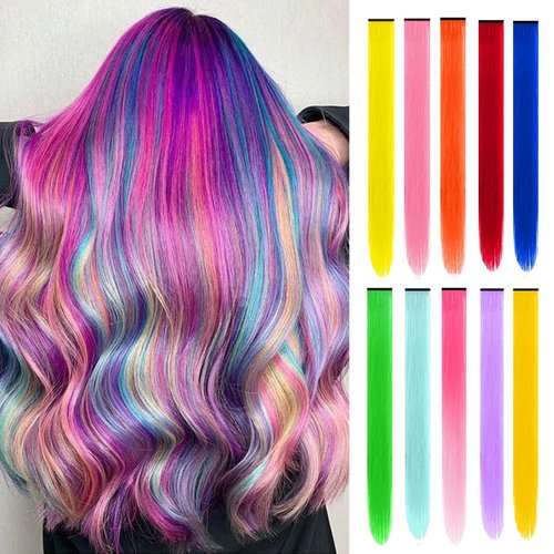 Netoe 10 Pcs Colored Clip in Hair Extensions 22" Long Straight Rainbow Hairpieces Multi-colors Synthetic Hair Accessories Colorful Party Highlights for Girls Kids Party Cosplay Use(colorful)