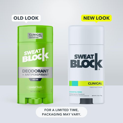 SweatBlock Clinical Strength Deodorant & Antiperspirant Solid for Men & Women, Clinical Sweat & Odor Protection, Coastal Fresh Scent - 2 Pack