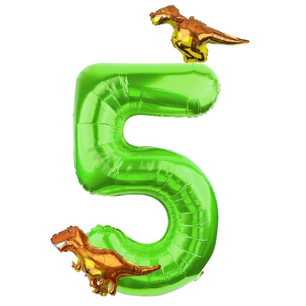 LEBERY Dinosaur Number 5 Ballloon, 40 Inch Green Number 5 Balloon, Mini Dino Foil Balloons Baby Dinosaur Balloons for Kid Dino Theme Jungle 5th Birthday Baby Shower Party Decorations