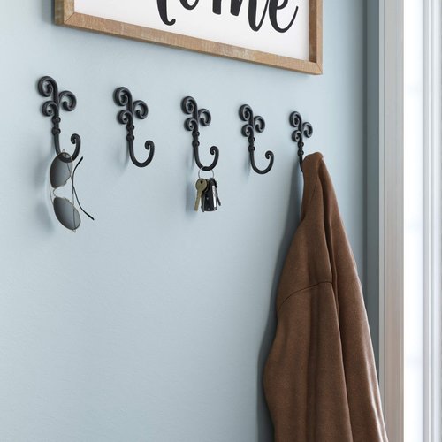 Franklin Brass Curlique (5-Pack) Single Wall Hooks 1-Prong Coat/Hat Matte Black Hooks for Hanging Wall Mount Hanger Clothes, Purse, Bag, Towel Organization Decorative Wall Hooks CURL5PK-FB-R