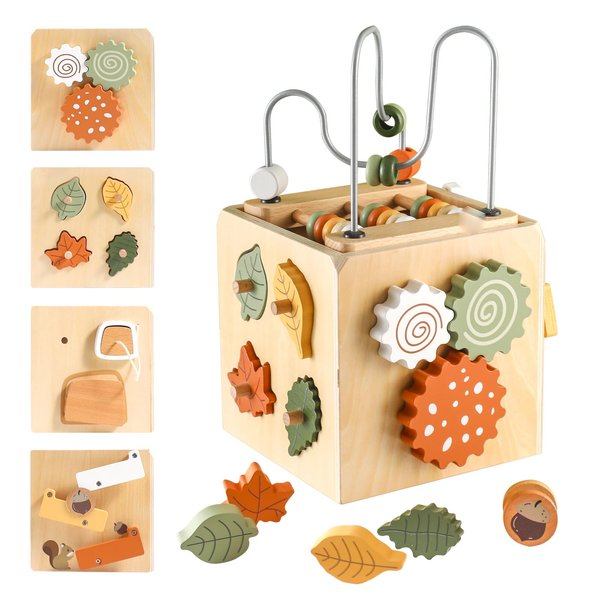 Smartwo Wooden Activity Busy Cube Montessori Toys for 1 Year Old, 6-in-1 Activity Center Baby Bead Maze Toys, Sensory Shape Sorter Blocks, Toddler Boys Girls First Birthday Gift