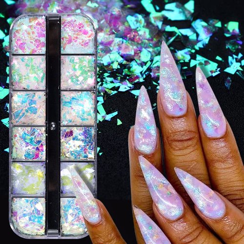 Holographic Mermaid Nail Art Glitter Iridescent Flakes JMEOWIO 12 Grids Gradient Bright Ice Slag Nail Sequins Paillettes Summer Nail Art Decoration