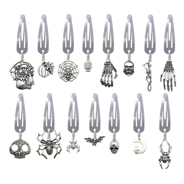 15 Pcs Silver Halloween Snap Clips Skeleton Spider Alloy Pendant Hair Clips Party Festivals Hair Accessories MGPFERD