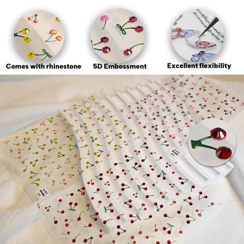 CESTSIREN 3 Sheets Cherry Nail Art Stickers 5D Rhinestone Nail Decals for Nail Art Design Summer Nail Accessories for Women Nail Art Supplies