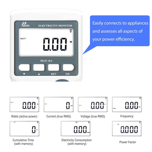 Poniie PN2000 Plug-in Kilowatt Electricity Usage Monitor Electrical Power Consumption Watt Meter Tester w/Extension Cord
