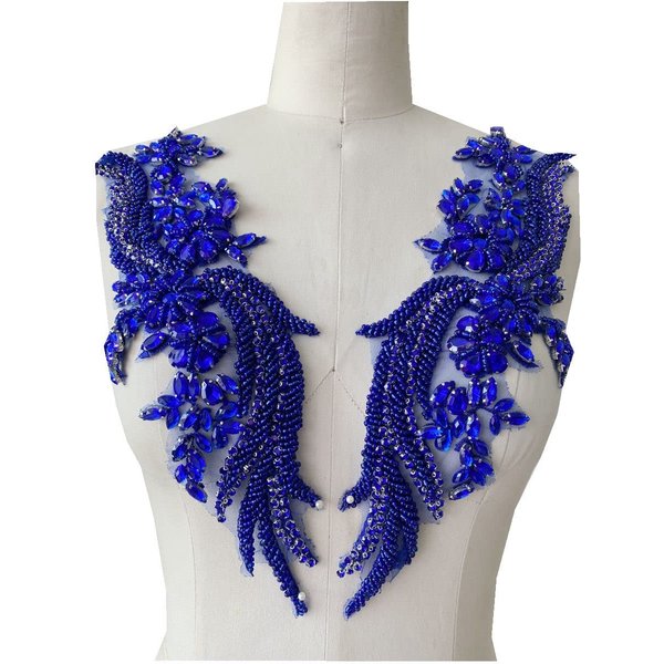wtbv.n Handsewing rhinestones beads lace applique for dress clothing accessories trim patches one pair (Blue)