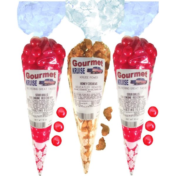 Sour Balls (2) Fire Engine Red Cherry (1) Cashews Honey Roasted Delicately (NET WT 24.5 OZ) Gourmet Kruise Signature Gift Bags