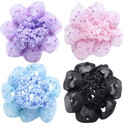 4 Pack Sequins Dance Bun Net Tuck Net Hair Scrunchies for Girl Rich Tones Bun Covers Mesh String Bobbles Elastic Headdress Ties Ponytail Bun Holders Hair Donut Hair Accessories for Performance,Dance,Cheer,Birthday,Themed Party Festivals