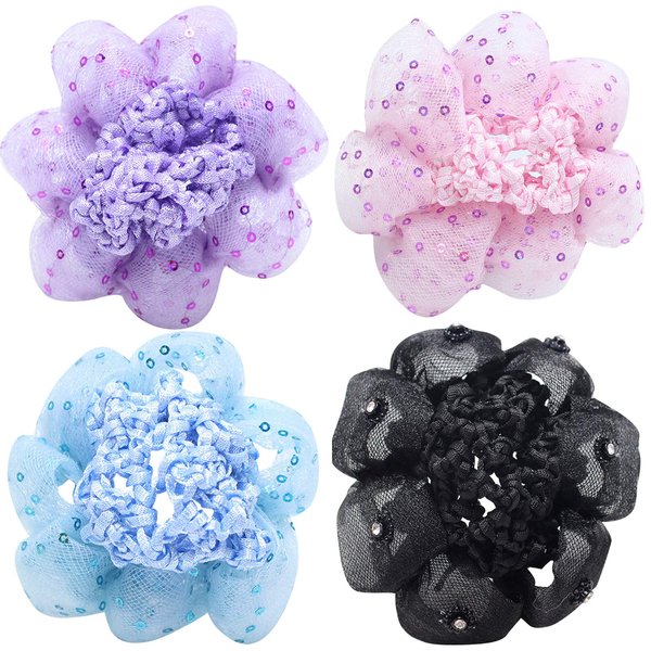 4 Pack Sequins Dance Bun Net Tuck Net Hair Scrunchies for Girl Rich Tones Bun Covers Mesh String Bobbles Elastic Headdress Ties Ponytail Bun Holders Hair Donut Hair Accessories for Performance,Dance,Cheer,Birthday,Themed Party Festivals