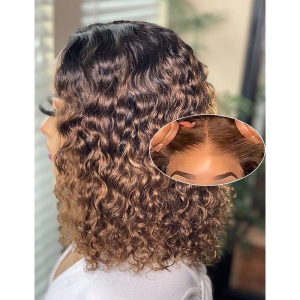 12 Inch Highlight Blonde Wear and Go Glueless Curly Bob Wig Human Hair Pre Plucked,Water Wave No Glue Bob Wigs,Pre cut HD Lace Front Wigs Human Hair Natural Hairline for Women 200% Density