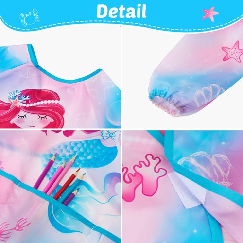 Mermaid Toddler Smock - Kids Art Smocks for Girls Ages 3-8 Waterproof Painting Artist Smocks Eating Cooking Baking Gardening Chef Apron for Kids with Long Sleeve and 3 Pockets Toddlers Paint Smock