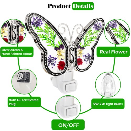 KY&BOSAM Butterfly Night Light Plug into Wall, Real Flower and Glass with Metal Trim Nightlights for Hallway, Nursery Bedroom Bathroom Kids Room, Kitchen, Stairway, Accent Elegant Home Decoration