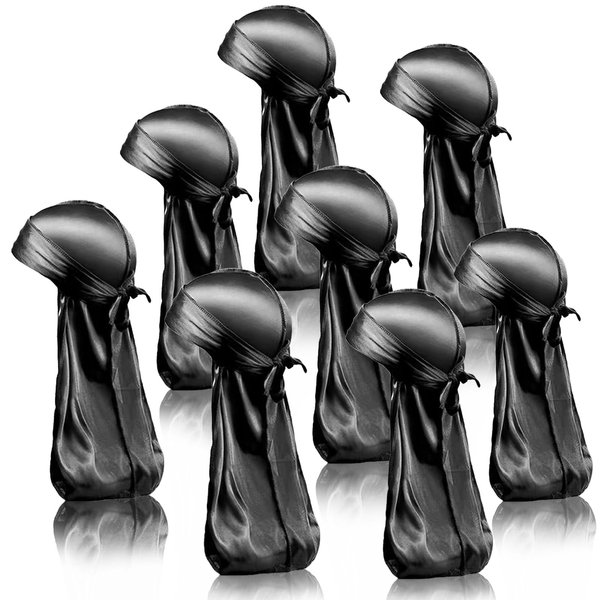 LEADUWAY 8Pcs Silky Durags, Silk Durag for Men Women, Superior Satin Wave Cap, Durags Pack with Extra Long Tail and Wide Straps hairband
