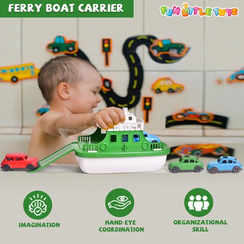 Toy Boat Bath Toys for Toddlers with 4 Mini Car Toys and 4 Bath Boat Squirters, Kids Ferry Boat for Bathtub Bathroom Pool Beach Toys