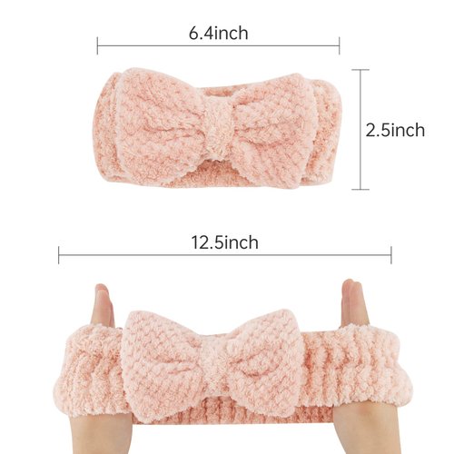 YISSION 2PCS Spa Headband with Bow No Slip Head Band for Face Wash Makeup Skincare Facial Headband Elastic Hair Band Microfiber Headbands for Women Girls (Pink Brown)
