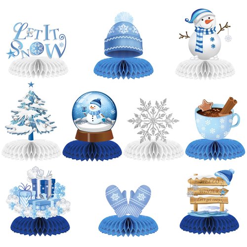 WEEPA 10 Pcs Winter Party Table Decorations Let It Snow Party Decorations Snowflake Snowman Honeycomb Centerpieces Table Decorations for Christmas Holiday Winter Birthday Baby Shower Party Supplies