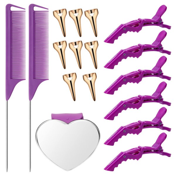 Coldairsoap 17 Pieces Hair Parting Tool Set, Included 8 Pieces Hair Parting Ring 2 Pieces Metal Rat Tail Comb 6 Pieces Hair Sectioning Clip with Magnetic Wrist Sewing Pin Holder for Braiding (Purple)
