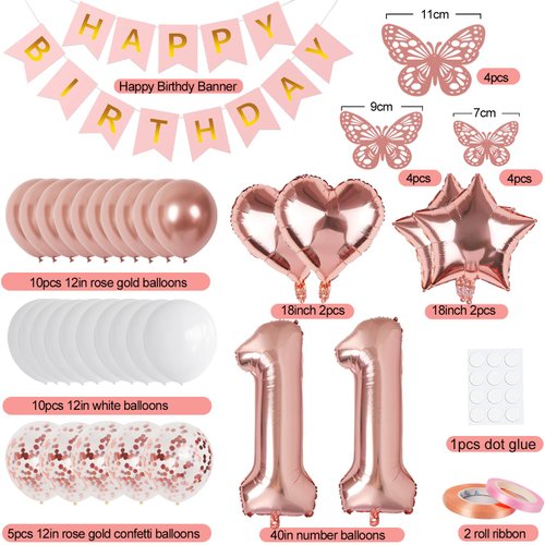 Rose Gold 11th Birthday Decorations for Girl, 11 Year Old Birthday Sign with Happy Birthday Banner, 40In Number 11 Foil Birthday Balloons, Butterfly Decorations, Heart and Star Balloons
