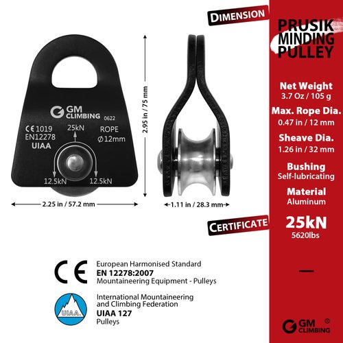 GM CLIMBING Black Micro Prusik Minding Pulley 25kN CE UIAA Certified 12mm Single Pulley Mobile Side Plates for Arborist Rigging Climbing Rescue Pack of 2