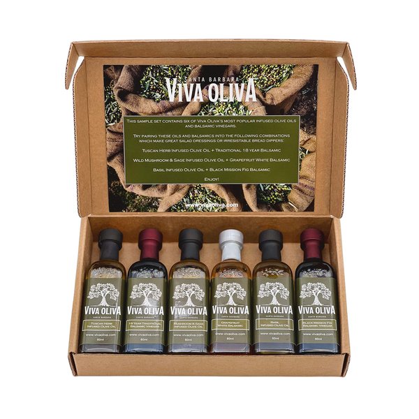 Viva Oliva Six 60ml (2oz) Variety Gift Set - Premium Flavored Extra Virgin Olive Oils (Tuscan Herb, Basil, Mushroom & Sage) and All Natural Balsamic Vinegars (18 Year Traditional, Grapefruit, Black Mission Fig)