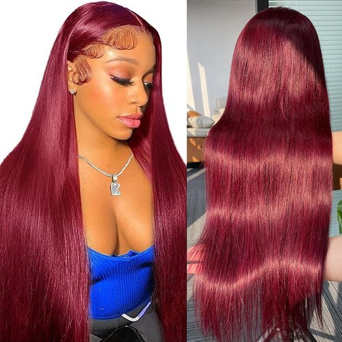 MENTOR 99J Burgundy Lace Front Wigs Human Hair Straight, 13x4 HD Transparent Lace Frontal Glueless Wig Pre Plucked with Baby Hair, 200% Density Wine Red Colored Wig for Women 34 Inch