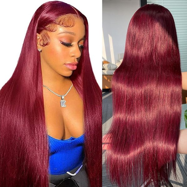 MENTOR 99J Burgundy Lace Front Wigs Human Hair Straight, 13x4 HD Transparent Lace Frontal Glueless Wig Pre Plucked with Baby Hair, 200% Density Wine Red Colored Wig for Women 34 Inch