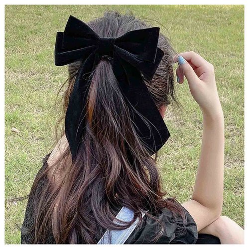 Andelaisi Vintage Black Velvet Bow Hair Clips Long Tail Satin Hairclips Barrettes Velvet Ribbon Hair Clip Barrette French Bowknot Hairclip Headwear Winter Decorative Hair Accessories for Women (Black)