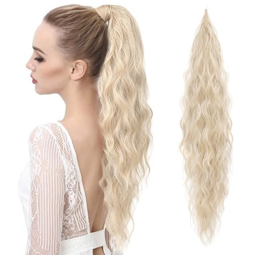 FLUFYMOOZ Ponytail Extension, Flexible Wrap Around Ponytail Extension Long Wavy Curly Ponytail Hair Extensions Natural pony tail Synthetic Hairpiece for Women 32 Inch (Cool Blonde)