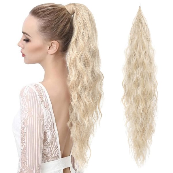 FLUFYMOOZ Ponytail Extension, Flexible Wrap Around Ponytail Extension Long Wavy Curly Ponytail Hair Extensions Natural pony tail Synthetic Hairpiece for Women 32 Inch (Cool Blonde)