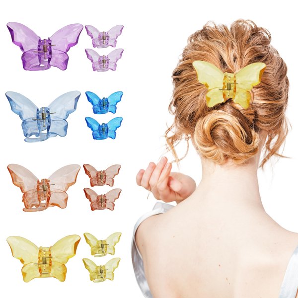 RENUIS 12 Pcs Colorful Clear Acrylic Butterfly Hair Claw Clips, Non-Slip Big Hair Jaw Clips for Thick Thin Hair, Ideal Gift for Girls and Women
