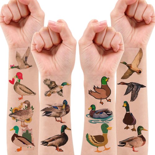 Generic 96 PCS Mallard Duck Birthday Party Decorations Party Favors Supplies Decor Cute Hunting Duck Temporary Tattoo Stickers Gifts for Kids Classroom Prizes Rewards, White, Grey