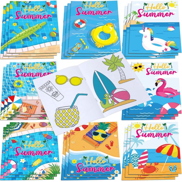 24 Pcs Summer Beach Coloring Books for Kids Mini DIY Art Drawing Book Bulk Including Pineapple Coconut Flamingo Beach Pool Fun and Relaxing Patterns for School Activity Birthday