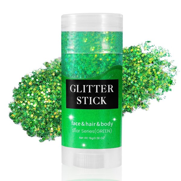 Mysense Green Body Glitter Stick, Waterproof Face Glitter Makeup, Festival Rave Pride Accessories, Hair Glitter Gel for Kids Women, Sparkling Mermaid Sequin Chunky Glitter Face Paint, 0.56oz