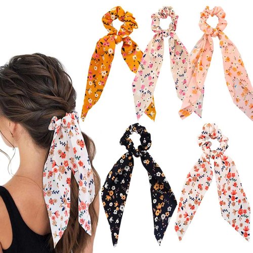 Jewemia Hair Scarf Scrunchies for Women Bow Scrunchy with Ribbon Long Hair Flower Chiffon Scrunchies for Girls Detachable Elastics Hair Scrunchies for Beach Party Dating 5 pcs