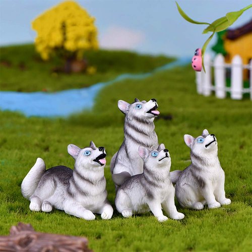 MAOMIA Miniature Dog Figurines Collection Playset 4pcs Mini Husky Puppy Dog Figures Animals Toy Cake Toppers Micro Landscape Decor Ornament