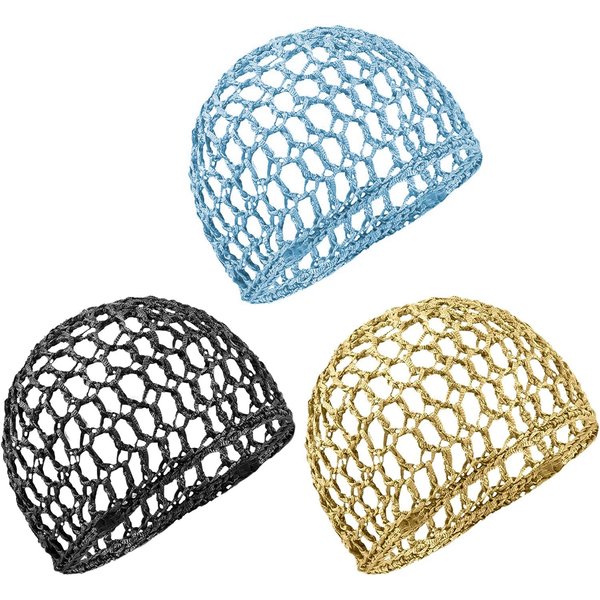 Framendino, 3 Pack Mesh Crochet Hair Net Rayon Knit Snoods Hat Thick Hairnet Snood Cover Ornament for Night Sleeping Hair Accessories (Blue & Black & Khaki)