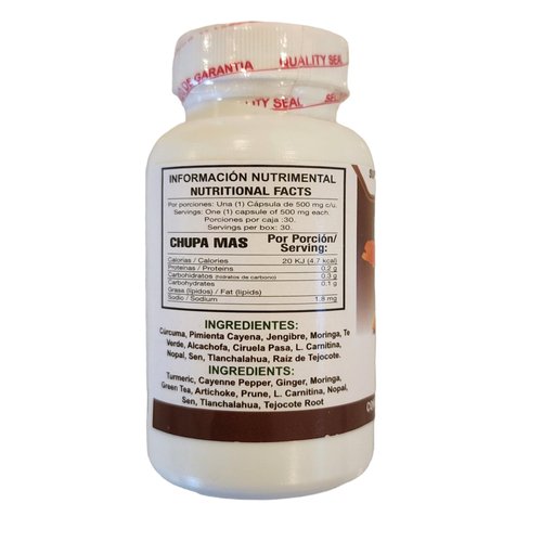 Lenico Comercializadora ChupaMas 60 Capsules Ginger, Green Tea, Prune, Artichoke, Tejocote Root. 500 mg Each. Capsulas ChupaMas