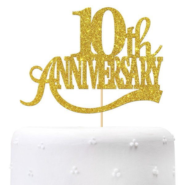 Gold Glitter 10th Anniversary Cake Topper - for Happy 10th Wedding Anniversary / 10th Birthday Party/Cheers to 10 Years Party Decorations