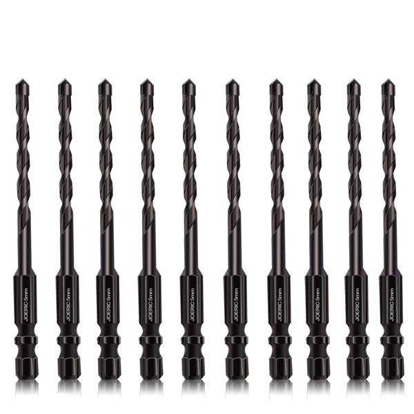 JOERIC 5mm Masonry Drill Bit Set 10PC 3/16” Concrete Drill Bit Set- Ceramic Brick Drill Bit Industrial Cemented Carbide Tip YG6X, Hex Shank for Glass, Soft Ceramic Tile, Mirror, Plastic.