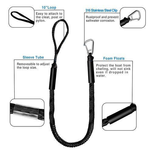 Bungee Dock Line Boat Accessories - Pontoon, Jet Ski, Kayak Accessories with 316 Stainless Steel Clip