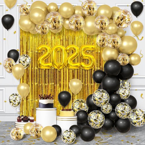 AIBIIN 89pcs 2025 Happy New Year Decorations Kit New Years Eve Party Supplies Black and Gold Party Decorations for Happy New Year Party Decoration