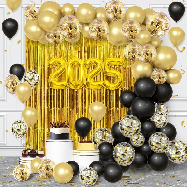 AIBIIN 89pcs 2025 Happy New Year Decorations Kit New Years Eve Party Supplies Black and Gold Party Decorations for Happy New Year Party Decoration